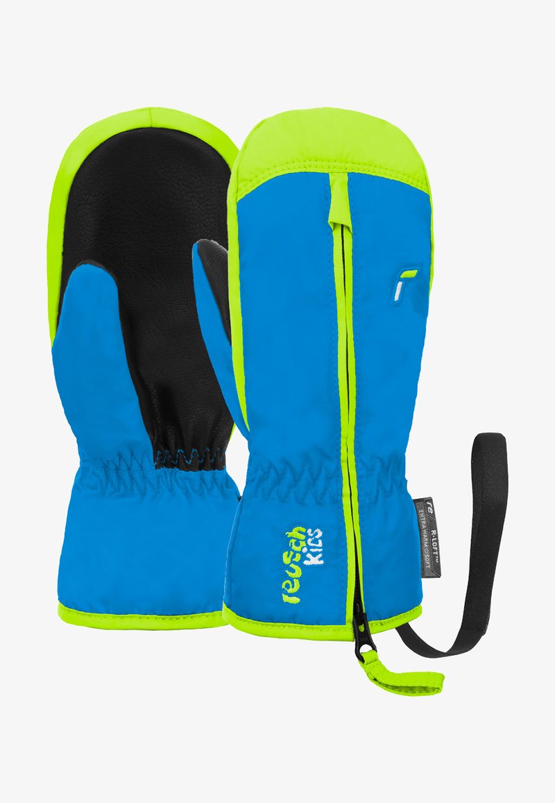 Blaue und neongrüne Handschuhe mit einer schwarzen Handfläche, elastischen Bündchen und einem Handgelenkband für einen sicheren Sitz. Mit einem Reißverschluss für einfaches An- und Ausziehen.