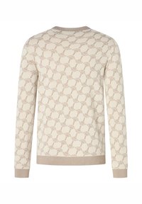 Suéter beige con un patrón repetido en marrón claro, cuello redondo y puños acanalados, con un acabado texturizado para mayor profundidad.