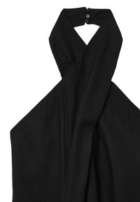 Schwarzes, leichtes Stoff-Haltertop mit einem verdrehten Design und zwei schwarzen Knopfverschlüssen auf der Rückseite. Glatte Textur, keine sichtbaren Muster.