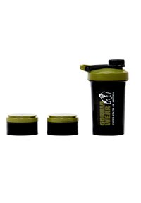 Zwarte plastic shakers met groene deksel, met daarbij twee kleinere zwarte doosjes met groene deksels. Tekst: "GORILLA WEAR VERENIGDE STATEN VAN AMERIKA."