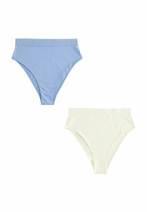 Blauwe en crèmekleurige hoge taille damesonderbroeken, gemaakt van zachte stof, met een elastische tailleband met het merk "NEXT". Glad oppervlak, zonder patronen.