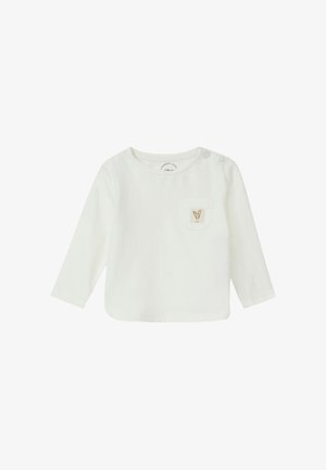 Weißes Langarmshirt aus weicher Baumwolle, mit Rundhalsausschnitt und einer kleinen Tasche mit einem dekorativen herzförmigen Design.