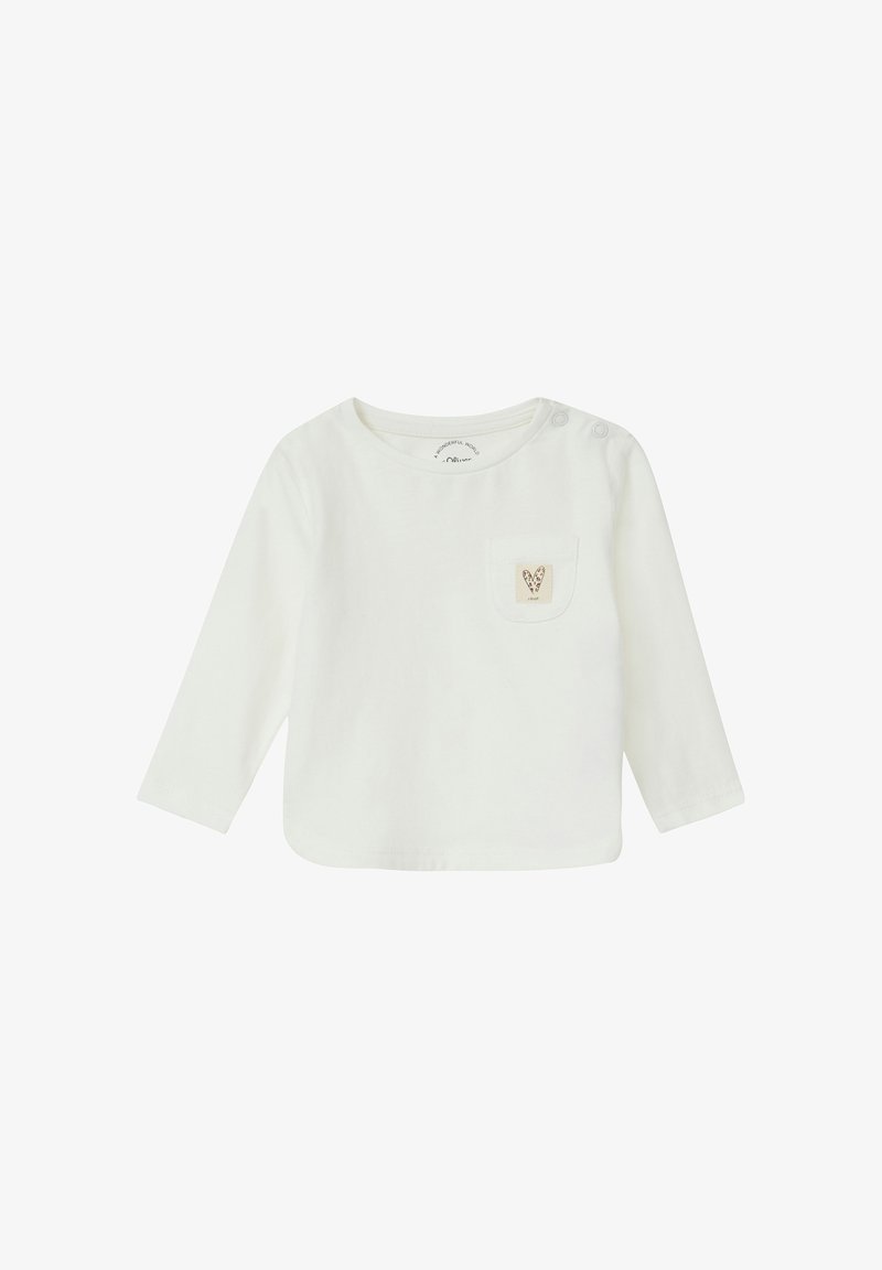 Witte langemouw overhemd van zachte katoen, met een ronde hals en een klein zakje met een decoratief hartvormig ontwerp.