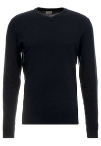 Pull à col en V bleu marine en tissu doux, avec manches longues, poignets et ourlet côtelés, texture lisse sans motifs visibles.