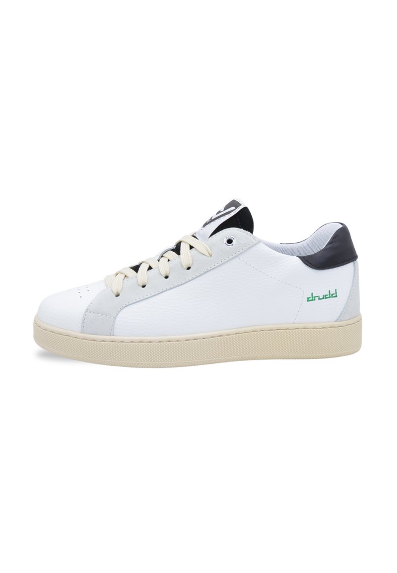 White leather sneaker with gray front panel, cream laces, and black heel accent. Features textured rubber sole and green logo on side.