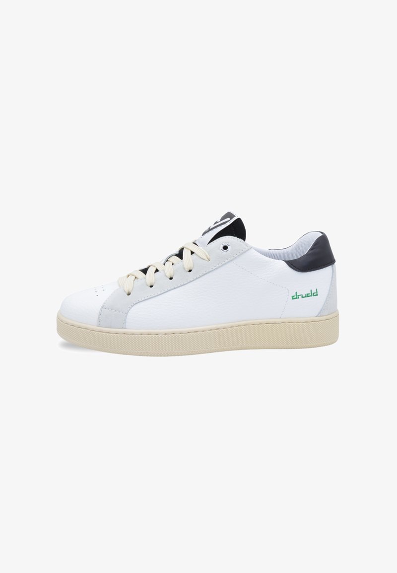 White leather sneaker with gray front panel, cream laces, and black heel accent. Features textured rubber sole and green logo on side.