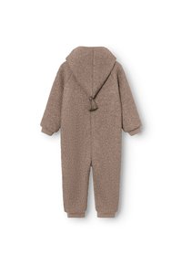 Brauner Fleece-Einteiler mit Kapuze, der eine strukturierte Oberfläche, elastische Bündchen und ein Quasten-Detail auf der Rückseite aufweist.