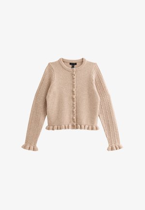 Beige gebreid vest met een ronde hals, knoopsluiting en een gerimpelde zoom. Heeft gestructureerde mouwen met een patroon.