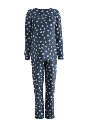 Navy blue long-sleeve top and pants set with white irregular polka dots, displayed on a white background.