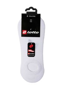 Calze bianche con caratteristica antiscivolo sul tallone, confezionate con un'etichetta nera che mostra la fascia di taglia 36-42 e il logo Lotto in rosso sulla parte superiore.