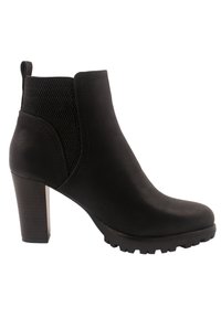 Botines negros de tobillo hechos de material sintético liso con paneles elásticos texturizados, un tacón alto y cuadrado, y una suela de goma resistente.