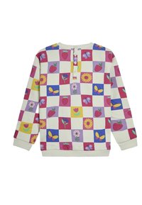 Sweatshirt cu mânecă lungă, confecționat dintr-un material moale, având un model colorat de patchwork cu căpșuni, flori și fluturi; închidere cu buton la spate.