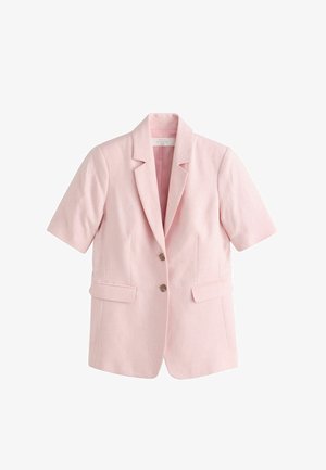 Világos rózsaszín lenvászon blézer rövid ujjakkal, bevágott szegélyekkel, két gombbal és két első zsebborítással.