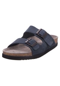 Sandali a due fibbie in pelle blu scuro, con un plantare in sughero e una suola in gomma. Presentano cinturini lisci e fibbie in metallo per la regolazione.