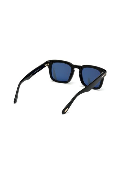 Black rectangular sunglasses with blue lenses. Sleek plastic frame, dark arms with a metallic accent near the hinges.