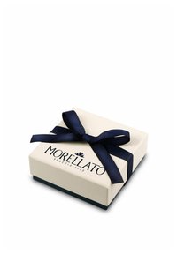 Scatola regalo color crema con nastro blu navy, con il logo "Morellato" in cima. Forma quadrata e texture liscia, con una base scura a contrasto.
