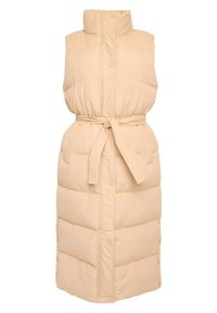 Long, sleeveless puffer vest in soft beige, featuring a high collar, belted waist, and horizontal quilted design with snap buttons.