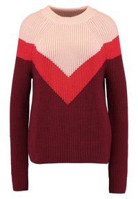 Pull en tricot à manches longues avec une encolure ronde, présentant des blocs de couleur en rose clair, rouge et bordeaux formant un motif en V.