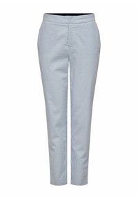 Ljusblå och vit rutig byxor med rak passform, som har en slät framsida och en mjuk midja; tillverkade av vävt tyg.