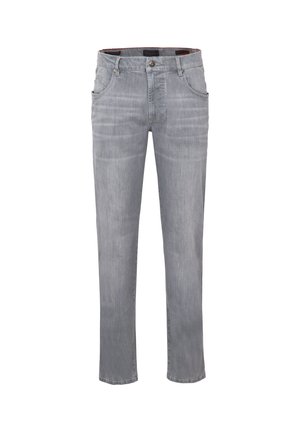 Helle graue Denim-Jeans mit geradem Bein, fünf Taschen, einem Knopfverschluss und subtilen Ausbleichungen im Stoff.