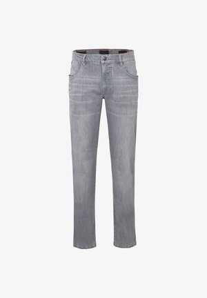 Helle graue Denim-Jeans mit geradem Bein, fünf Taschen, einem Knopfverschluss und subtilen Ausbleichungen im Stoff.