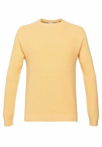 Helles gelbes Rundhals-Sweatshirt aus gerippter Textur mit langen Raglanärmeln und klassischer Passform. Merkmale ein einfaches, sauberes Design.