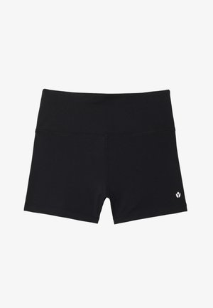 Zwarte sportshorts gemaakt van rekbare stof met een rechte tailleband en een klein logo rechtsonder. Gladde textuur, geen patronen.