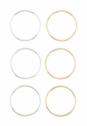 Set of six rings: three silver and three gold. Each ring is smooth and circular with a polished finish, varying subtly in thickness.