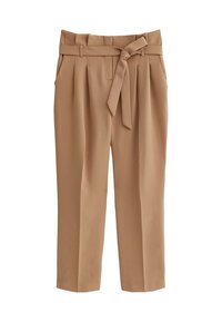 Tan hoge taille broek met een strikceintuur, featuring plooien, twee zijzakken en een gladde textuur. Tailored ontwerp met cropped pijpen.