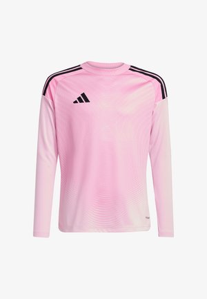 T-shirt de sport à manches longues rose avec un col rond, présentant des rayures noires sur les épaules et un motif en vagues texturé sur l'ensemble.