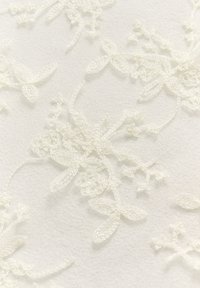 Vit broderad spets med blommönster som har intrikata detaljer och varierade texturer mot en mjuk, ljus bakgrund.