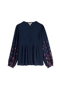 Blusa blu navy con lunghe maniche a sbuffo, decorata con motivi floreali rosa. Collo rotondo, apertura frontale con bottoni e design del corpino plissettato. Tessuto morbido.