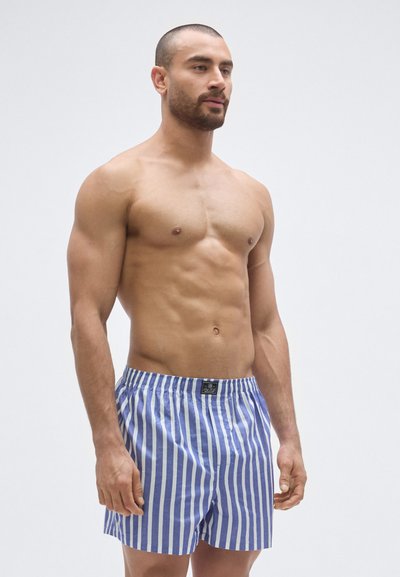 Modré a biele pruhované boxerky s elastickým pásom, obsahujúce malú čiernu etiketu. Hladká tkanina a pohodlný strih.