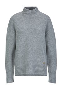 Grijze gebreide trui met een hoge ribgebreide nek, drop shoulders en ribgebreide manchetten. Bevat subtiel logo detail aan de zoom. Zachte textuur.