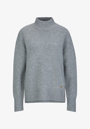 Grijze gebreide trui met een hoge ribgebreide nek, drop shoulders en ribgebreide manchetten. Bevat subtiel logo detail aan de zoom. Zachte textuur.