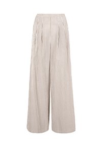 Pantalons larges rayés en beige et crème, avec un devant plissé et une taille élastique pour plus de confort. Tissu respirant.