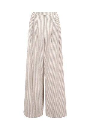 Pantalons larges rayés en beige et crème, avec un devant plissé et une taille élastique pour plus de confort. Tissu respirant.