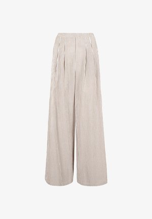 Pantaloni a palazzo a righe in beige e crema, con una parte anteriore plissettata e una vita elasticizzata per il massimo comfort. Tessuto traspirante.