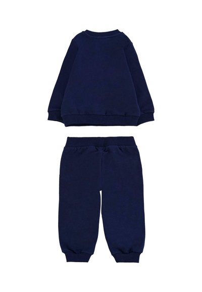 Navyblauwe sweatshirt- en sweatpantenset, gemaakt van zachte stof, met ribgebreide manchetten en tailleband voor een comfortabele pasvorm.