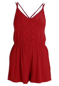 Röd jumpsuit med V-ringning och justerbara axelband, med blommig spetstdetalj ned längs mitten och ett elastiskt midjeband. Mjuk tyg.