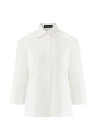 White, collared shirt with three-quarter sleeves, made of smooth fabric, featuring a buttoned front and a classic cut with subtle stitching details.