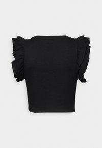 Svart kortärmad topp med volangdetaljer på axlarna, tillverkad av slätt material. Slimmad design med rund halsringning och kort längd.