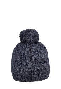 Knitted dark navy beanie with a textured pattern and a fluffy pom-pom on top. The brim is ribbed for a snug fit.