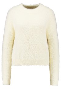 Cremfarbener, flauschiger Pullover mit rundem Halsausschnitt, langen Ärmeln und gerippten Bündchen. Weiche Textur mit lockerer Passform und cropped Länge.