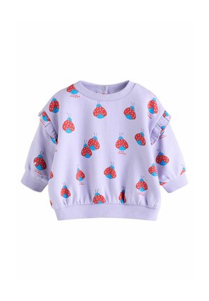 Lila Sweatshirt aus Baumwolle, mit ganzflächigem roten Marienkäferdruck und blauen Akzenten, elastischem Saum und puffärmel.