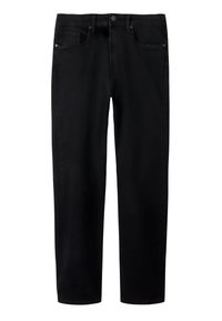 Černé džíny z denimu se střihy rovnými nohavicemi. Pět kapes, přední zapínání na knoflíky a jemné šití jako zdobení. Hladká textura.