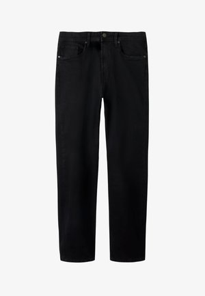 Juodi džinsai iš džinso su tiesiomis kojomis. Penkios kišenės, sagų užsegimas priekyje ir subtilios siuvimo detalės. Lygi tekstūra.