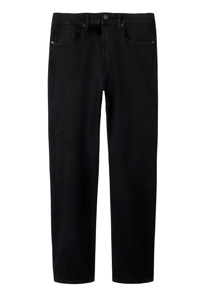 Černé džíny z denimu se střihy rovnými nohavicemi. Pět kapes, přední zapínání na knoflíky a jemné šití jako zdobení. Hladká textura.