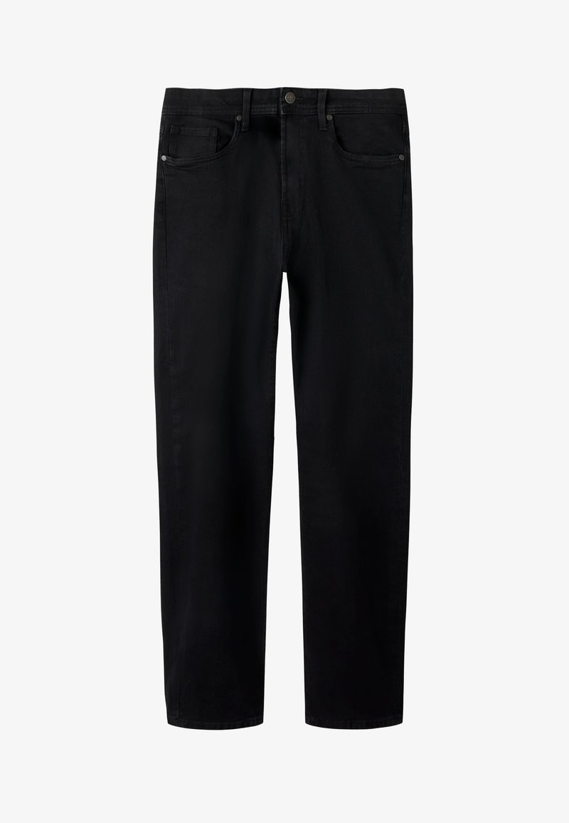 Černé džíny z denimu se střihy rovnými nohavicemi. Pět kapes, přední zapínání na knoflíky a jemné šití jako zdobení. Hladká textura.