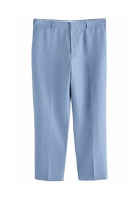 Pantalones de lino azul claro con un diseño de pierna recta, que cuentan con una textura suave, bolsillos laterales y una cinturilla plana en la parte delantera.